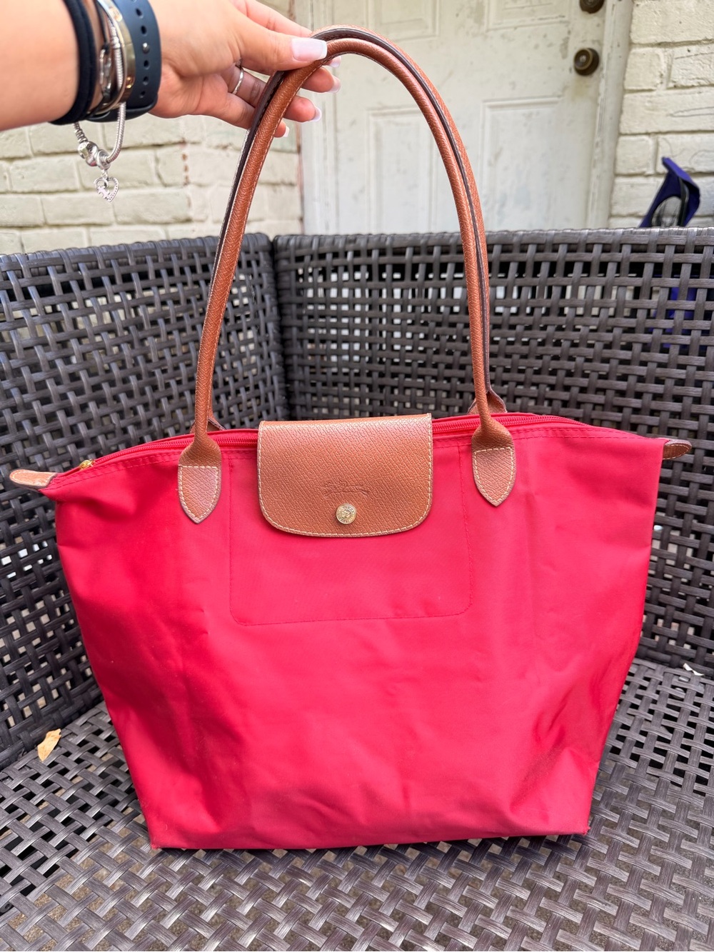 Longchamp Red Nylon Tote with Brown Leather Trim - Picture 2 of 8